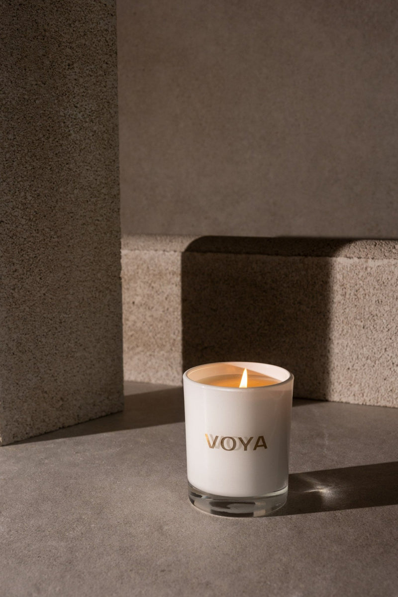 VOYA Skincare USA Eucalyptus, Rosemary, and Lime Luxury Essential Oil Candle, lifestyle image.