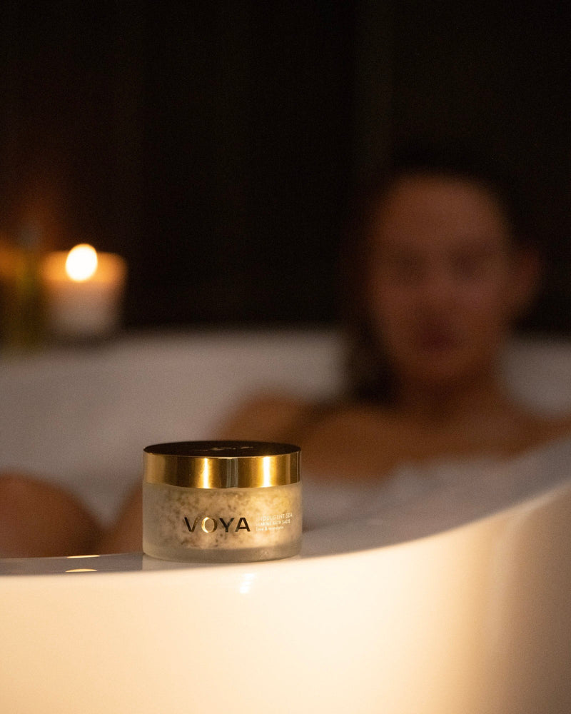 VOYA Skincare USA mineral bath salts in use in bath