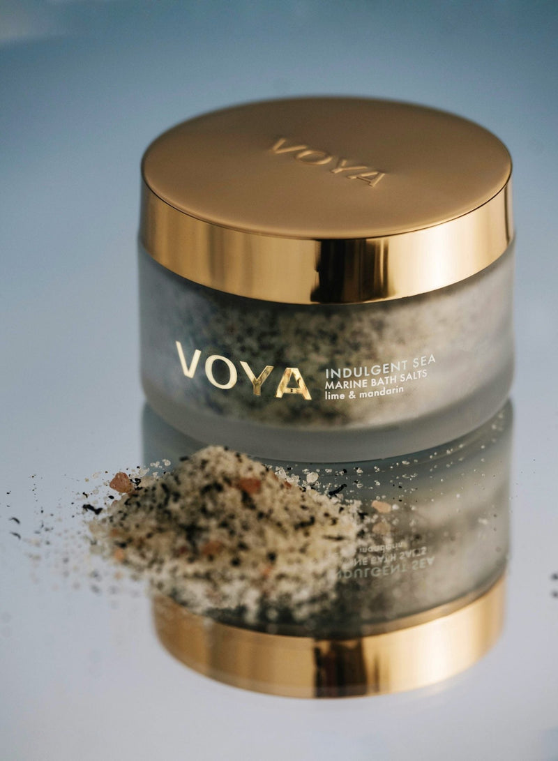 VOYA Skincare USA mineral bath salts on bath tray