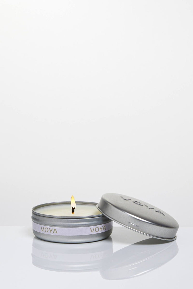 VOYA Skincare USA Lavender, Rose and Camomile Mini Scented Travel Candle in a tin
