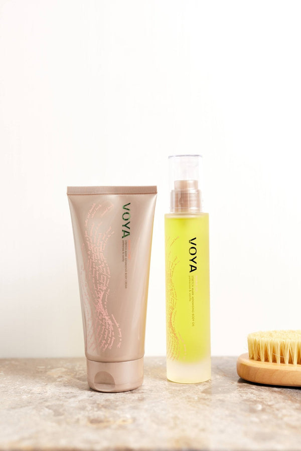 VOYA Skincare USA stretch mark minimizing body oil and lotion bundle with dry body brush