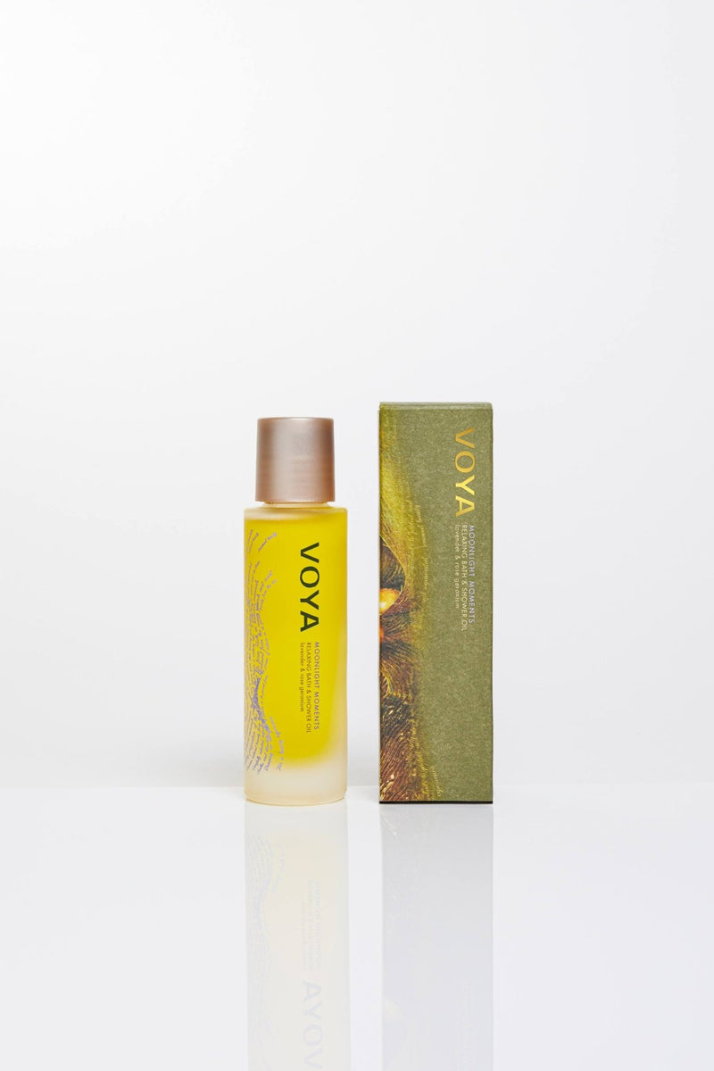 Moonlight Moments Relaxing Bath Oil with outer packaging, VOYA Skincare USA
