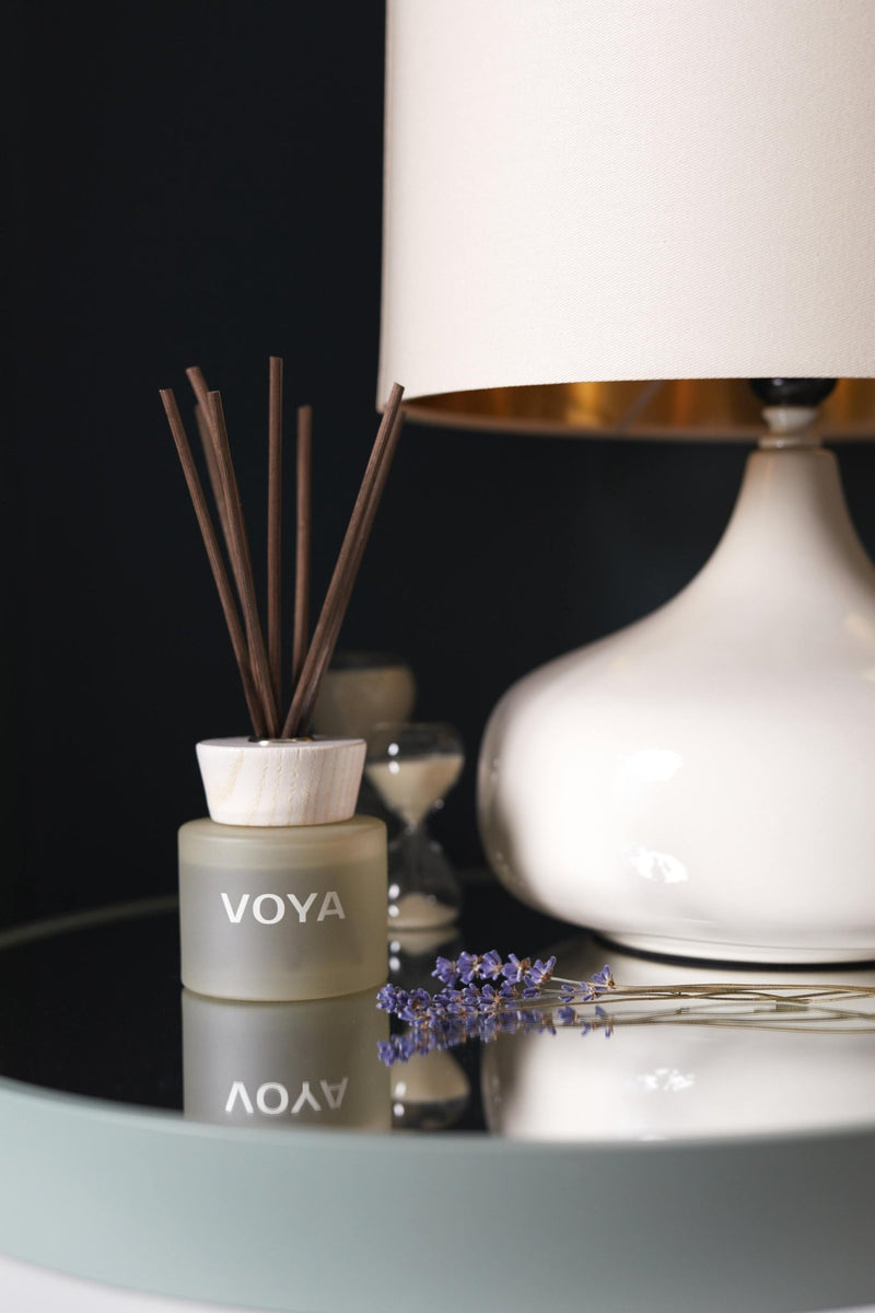 Lavender, Rose and Chamomile Reed Diffuser in home setting, VOYA Skincare USA