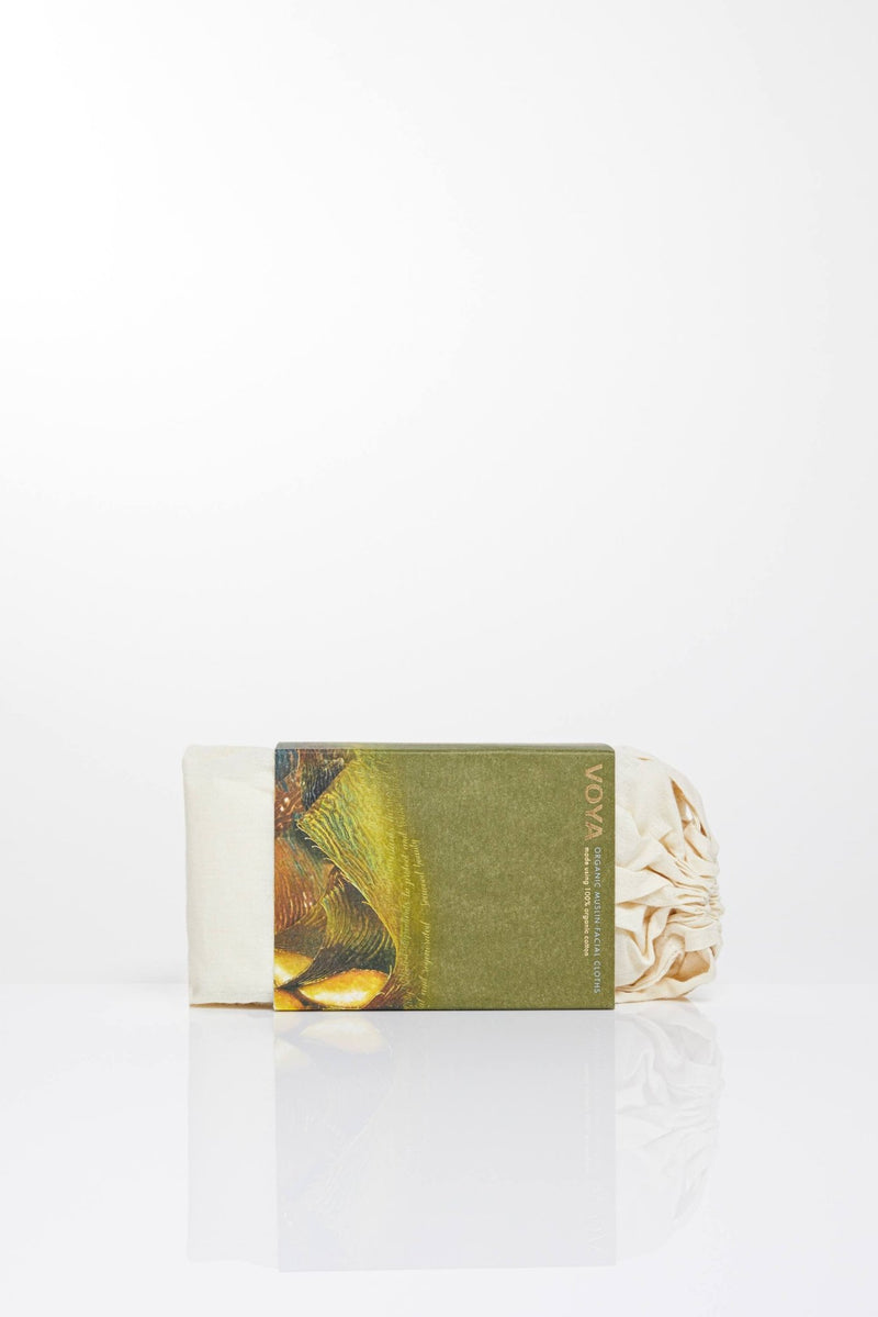 Organic Muslin Face Cloths in outer packaging, VOYA Skincare USA